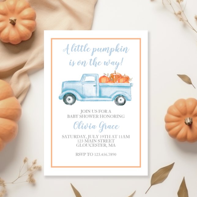 Little Pumpkin Pastel Blue Fall Baby Shower Invitation (Creator Uploaded)