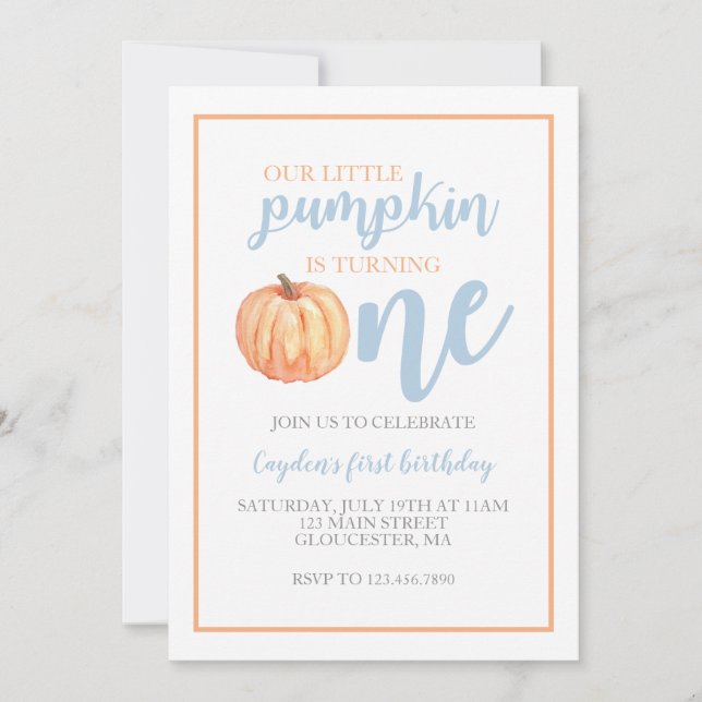 Little Pumpkin Pastel Blue Fall First Birthday Invitation (Front)