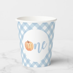 Little Pumpkin pastel blue plaid first birthday Paper Cups