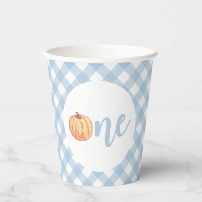 Little Pumpkin pastel blue plaid first birthday Paper Cups (Front)