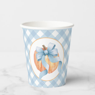 Little Pumpkin pastel blue plaid first birthday Paper Cups