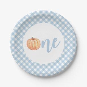 Little Pumpkin pastel blue plaid first birthday Paper Plate