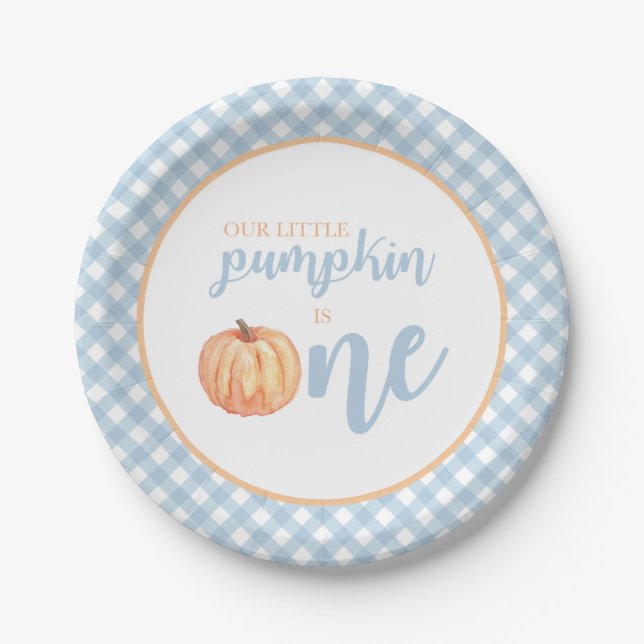Little Pumpkin pastel blue plaid first birthday Paper Plate (Front)