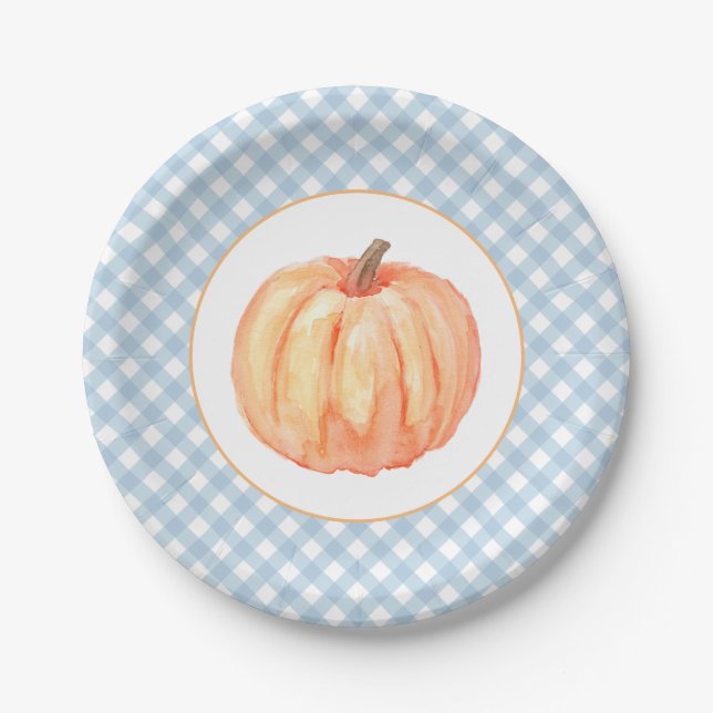 Little Pumpkin pastel blue plaid first birthday Paper Plate (Front)