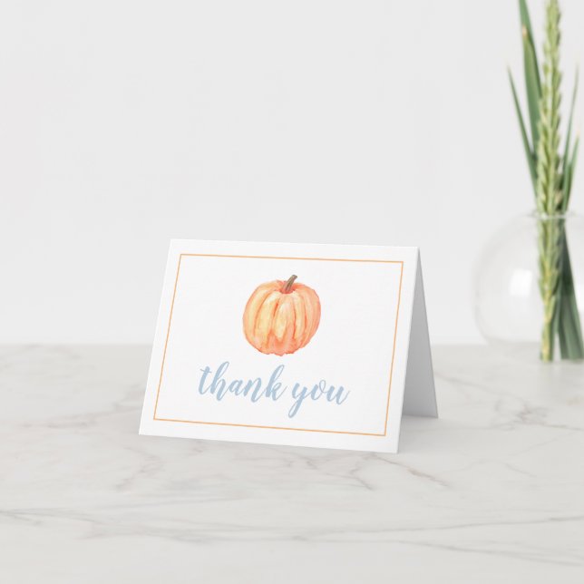 Little Pumpkin pastel blue plaid first birthday Thank You Card (Front)