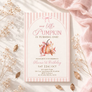 Little Pumpkin Pastel Pink Bow Fall Birthday Invitation