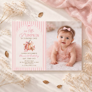 Little Pumpkin Pastel Pink Bow Fall Birthday Invitation