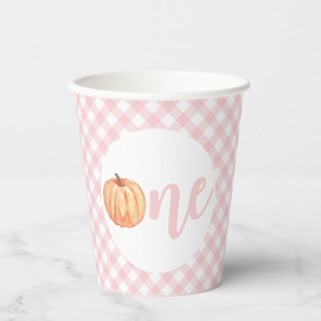 Little Pumpkin pastel pink plaid first birthday Paper Cups (Front)
