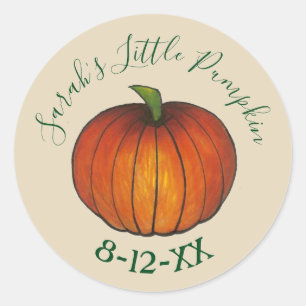 Little Pumpkin Personalised Baby Shower Birth Date Classic Round Sticker