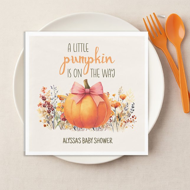 Little Pumpkin Pink Bow Baby Girl Shower Napkin (Little Pumpkin baby girl shower paper napkins)