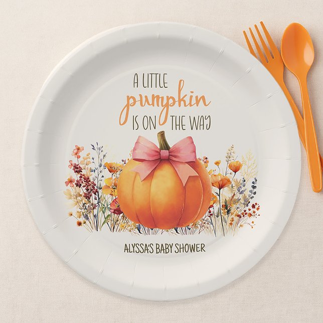 Little Pumpkin Pink Bow Baby Girl Shower Paper Plate (Little Pumpkin baby girl shower paper plates)