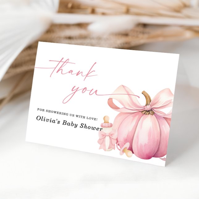 Little Pumpkin Pink Bow Baby Shower Thank You Card (Creator Uploaded)