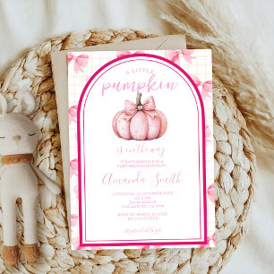 little pumpkin pink bow coquette autumn babyshower invitation