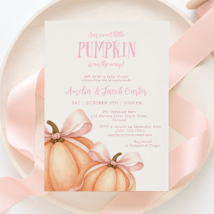 Little Pumpkin, pink bow,  Coquette baby shower  Invitation