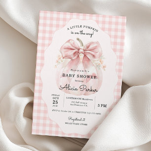 Little pumpkin pink bow gingham girl baby shower invitation