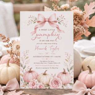 Little Pumpkin Pink Bow Girl Baby Shower Invitation