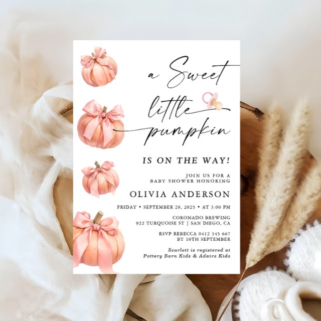 Little Pumpkin Pink Bow Girl Baby Shower Invitation (Creator Uploaded)