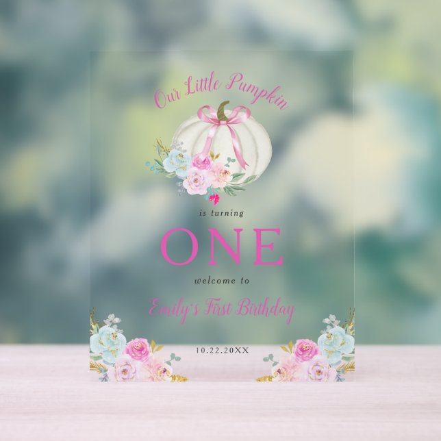 Little Pumpkin Pink Bow Girls 1st Birthday Welcome Acrylic Sign (Neutral)