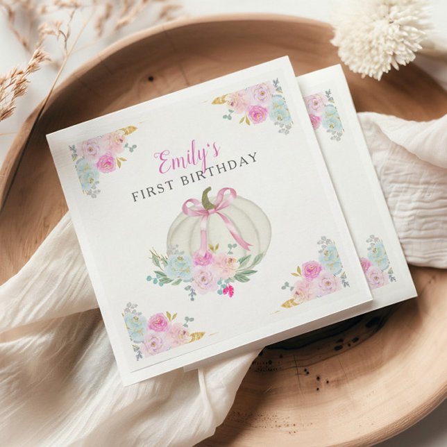 Little Pumpkin Pink Bow Girls First Birthday Napkin (Creator Uploaded)