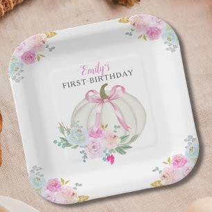 Little Pumpkin Pink Bow Girls First Birthday Paper Plate
