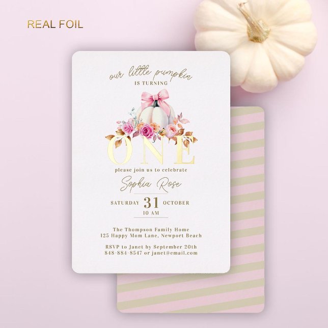 Little Pumpkin Pink Bow Roses 1st Birthday Gold (our little pumpkin turning one 1st birthday girl invitation gold foil pink bow roses floral elegant)