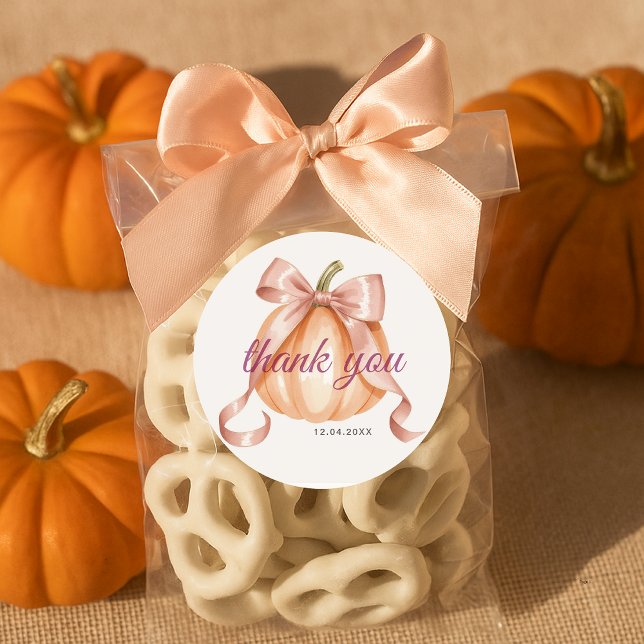 Little Pumpkin Pink Bow Thankyou Baby Shower Classic Round Sticker (Creator Uploaded)