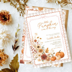Little Pumpkin Pink Bow Watercolor Fall Floral Invitation