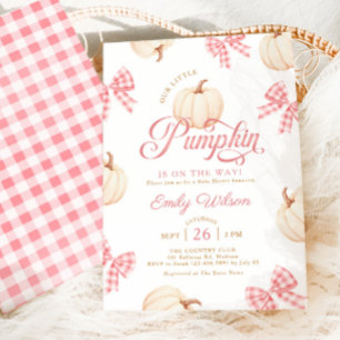 Little Pumpkin Pink Bows Gingham Baby Shower Invitation