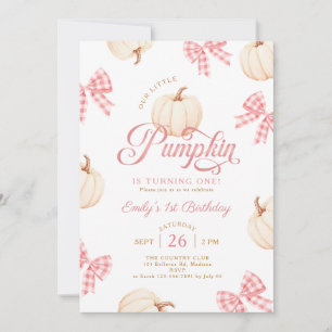 Little Pumpkin Pink Bows Gingham Girl 1st Birthday Invitation