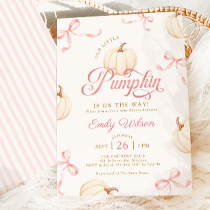 Little Pumpkin Pink Bows Ribbons Baby Girl Shower Invitation