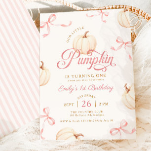 Little Pumpkin Pink Bows Ribbons Girl 1st Birthday Invitation
