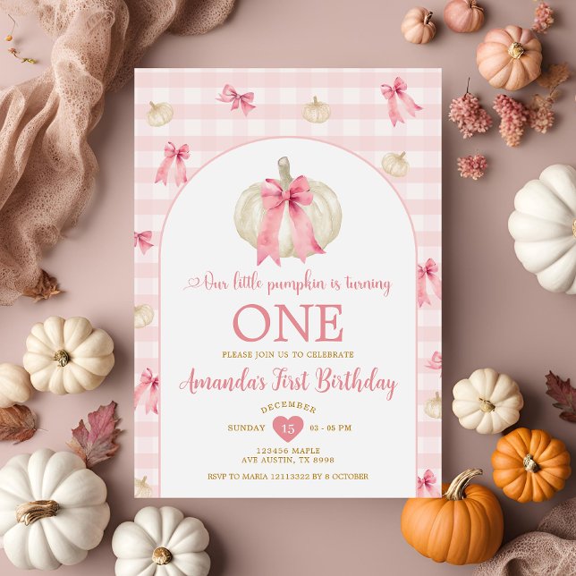 Little Pumpkin Pink Bowtie Gingham First Birthday Invitation (Creator Uploaded)