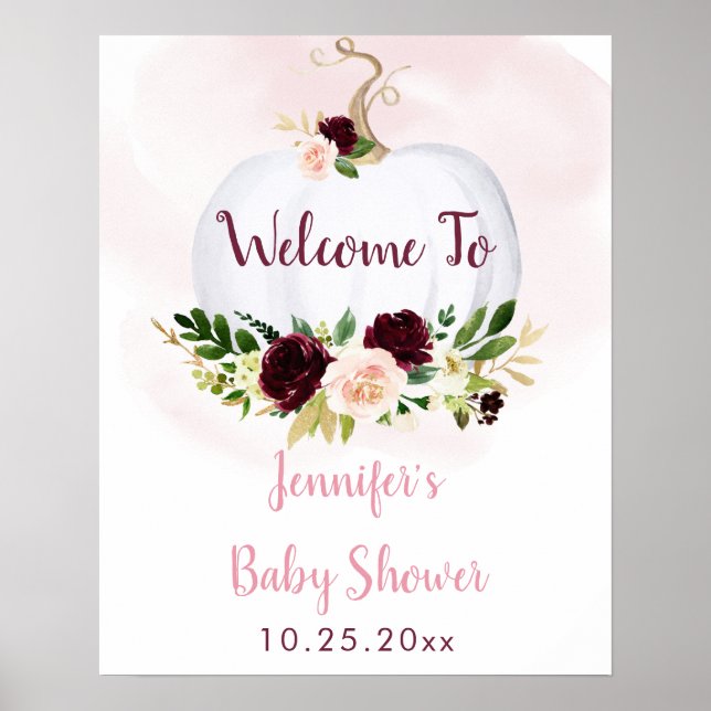 Little Pumpkin Pink Burgundy Baby Shower Welcome Poster (Front)