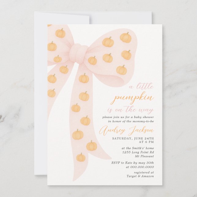 Little Pumpkin Pink Coquette Bow Baby Shower Invitation (Front)