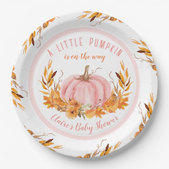Little Pumpkin Pink Fall Girl Baby Shower Paper Plate (Front)