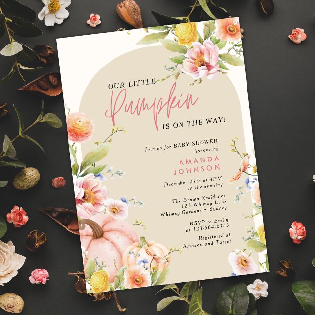 Little Pumpkin Pink Floral Autumn baby shower Invitation (Creator Uploaded)
