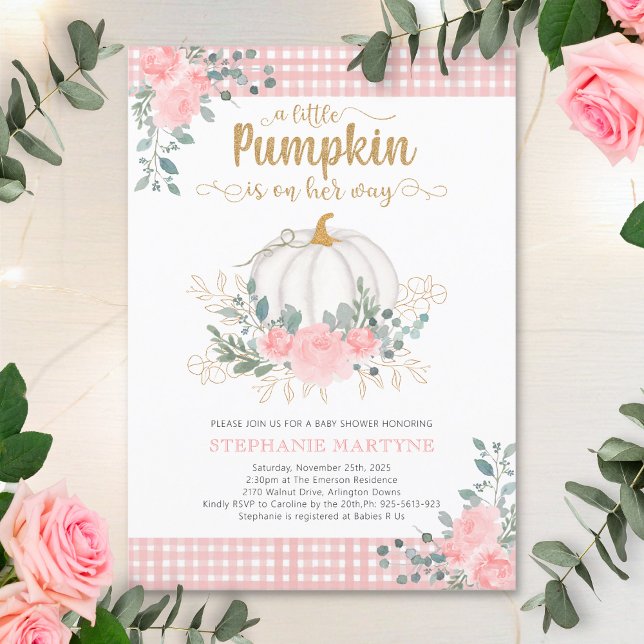 Little Pumpkin Pink Floral Gingham Baby Shower Invitation (Creator Uploaded)