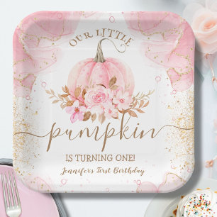 Little Pumpkin Pink Floral Girl Fall 1st Birthday Paper Plate