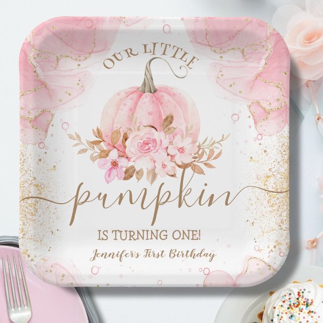 Little Pumpkin Pink Floral Girl Fall 1st Birthday Paper Plate (Creator Uploaded)