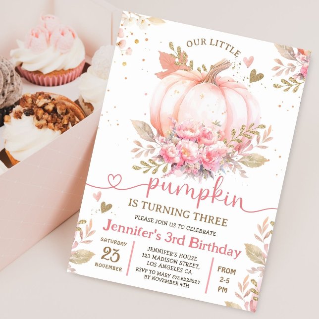 Little Pumpkin Pink Floral Girl Fall 3rd Birthday  Invitation (Creator Uploaded)