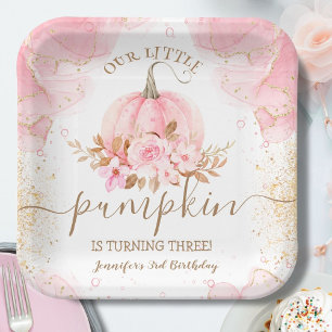 Little Pumpkin Pink Floral Girl Fall 3rd Birthday Paper Plate