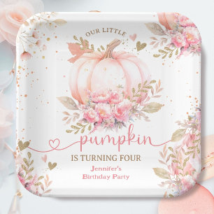 Little Pumpkin Pink Floral Girl Fall 4th Birthday Paper Plate