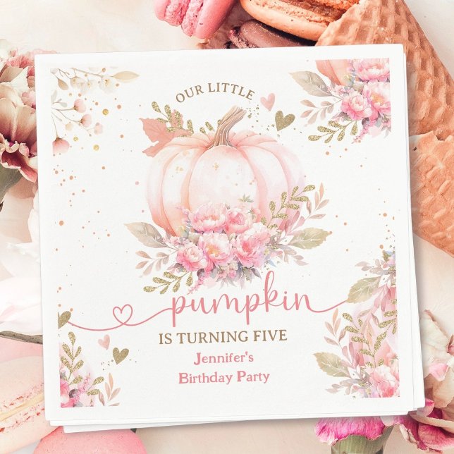 Little Pumpkin Pink Floral Girl Fall 5th Birthday Napkin (Creator Uploaded)