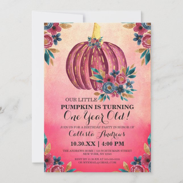 Little Pumpkin Pink Floral Watercolor 1st Birthday Invitation (Front)