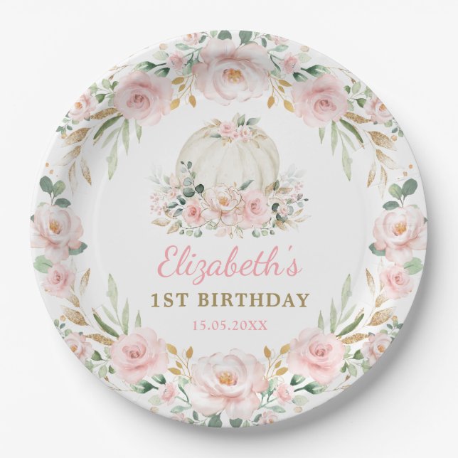 Little Pumpkin Pink Floral Wreath Girls Birthday Paper Plate (Front)