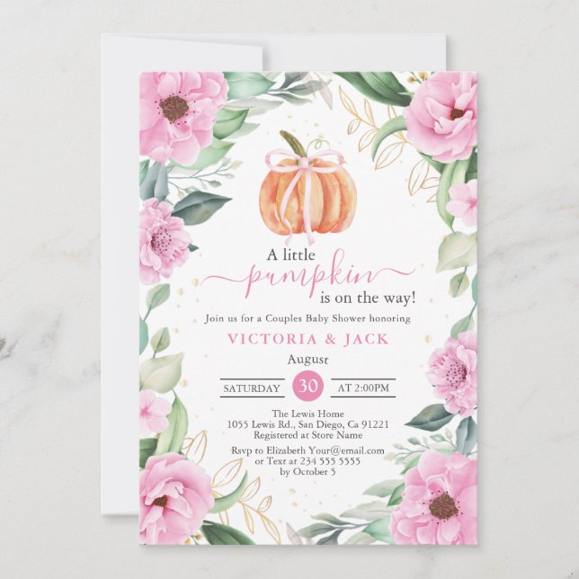 Little Pumpkin Pink Flowers Leaf Fall Baby Shower Invitation (Front)