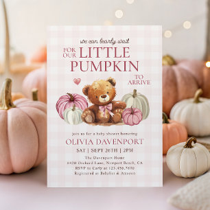 Little Pumpkin Pink Gingham Fall Girl Baby Shower Invitation