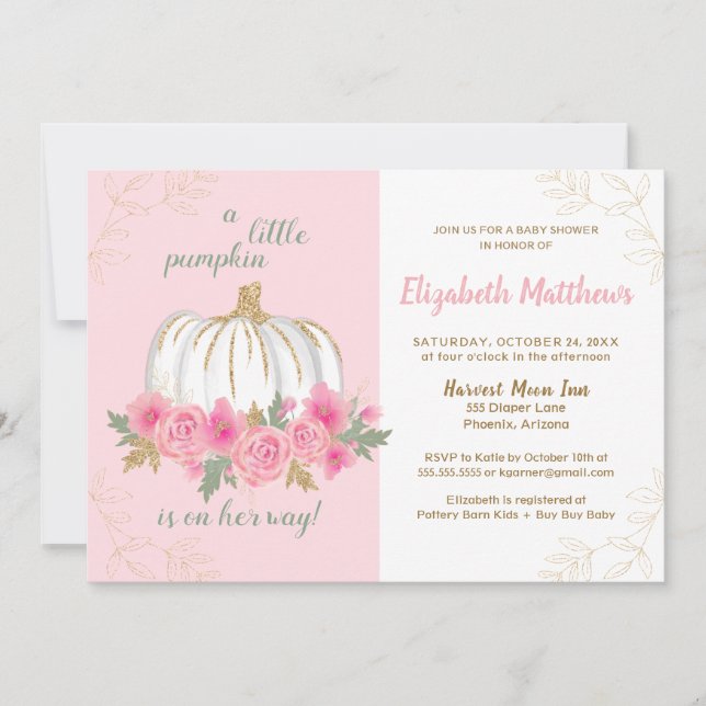 Little Pumpkin Pink Gold Autumn Girl Baby Shower Invitation (Front)