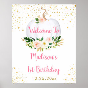 Little Pumpkin Pink Gold Birthday Welcome Poster