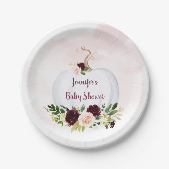 Little Pumpkin Pink Gold Burgundy Baby Shower Paper Plate (Front)